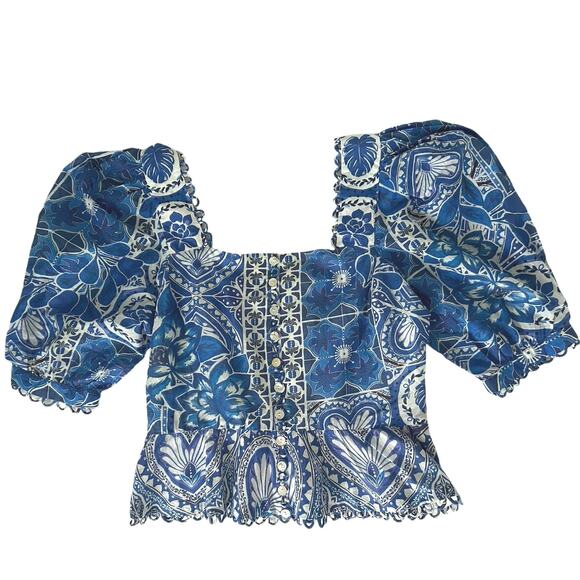 FARM RIO Women's Tile Dream Multicolor Short Puff Sleeve Peplum Blouse - Picture 3 of 6